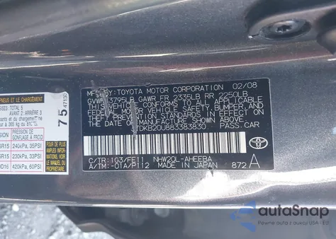 2008 Toyota Prius Standard/Touring z USA, uszkodzony, nr VIN JTDKB20U883383830